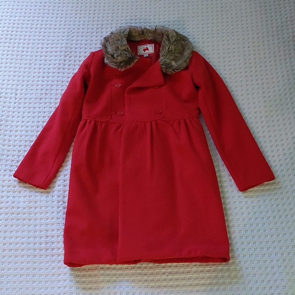 Janie and Jack Red Pea Coat with Faux Fur Collar